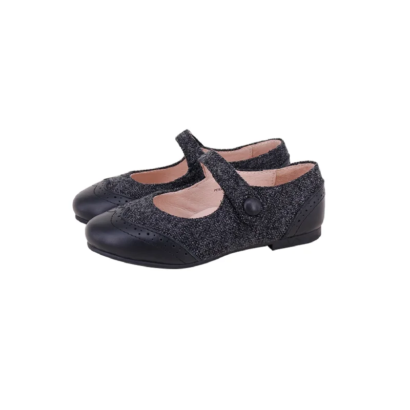 Perroquet Girls Gray Tweed Wingtip Mary Jane with Black Leather - Gray/Black