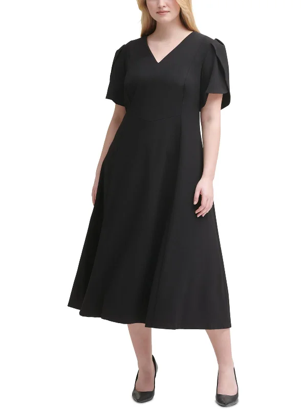 Plus Womens Crepe V-Neck Midi Dress