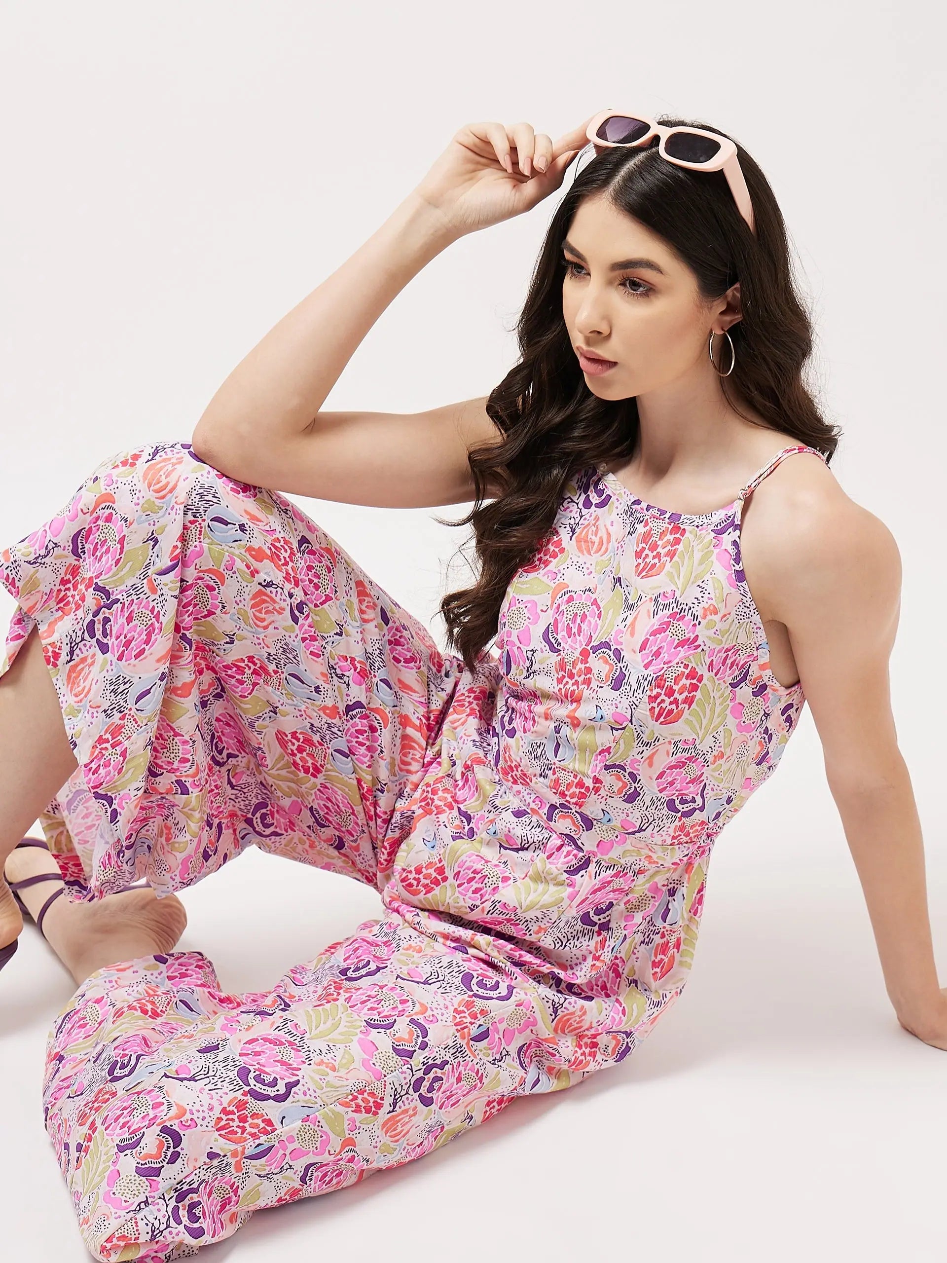 Painted Floral Look Digital Printed Strappy Multicolor Jumpsuit