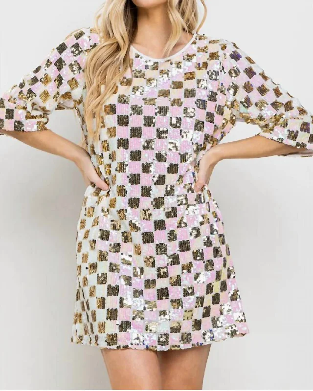 Checkerboard Sequin Mini Dress In Pink