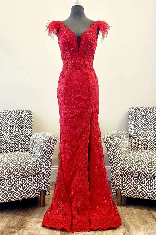 Red Feather Plunge V Mermaid Long Formal Dress with Slit