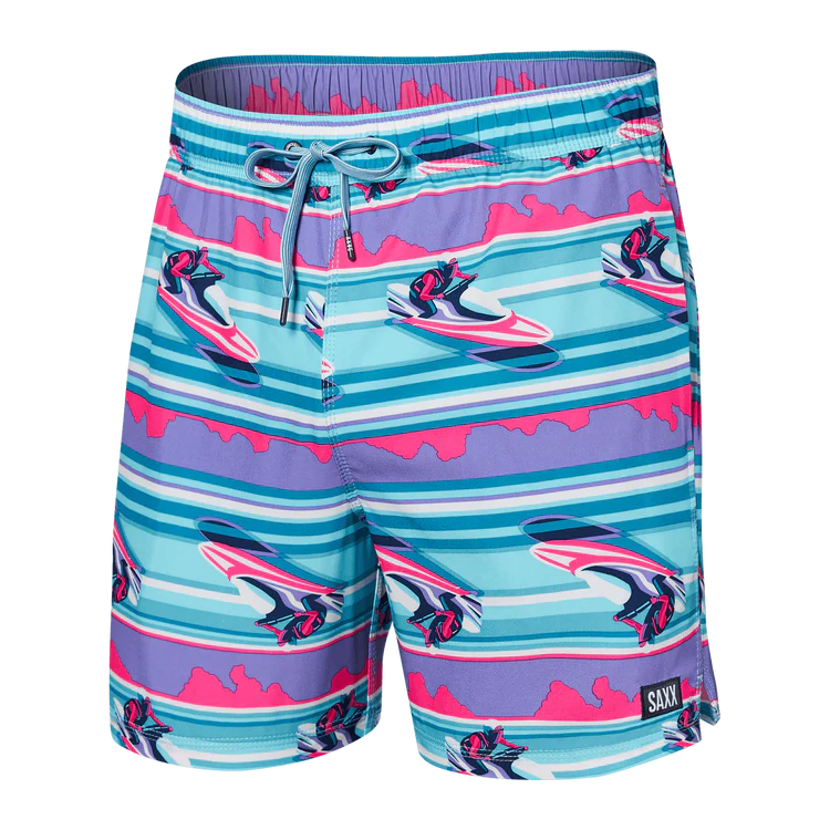 SAXX 5-Inch Oh Buoy 2N1 Volley Jetski Stripe Swim Trunks - Pool