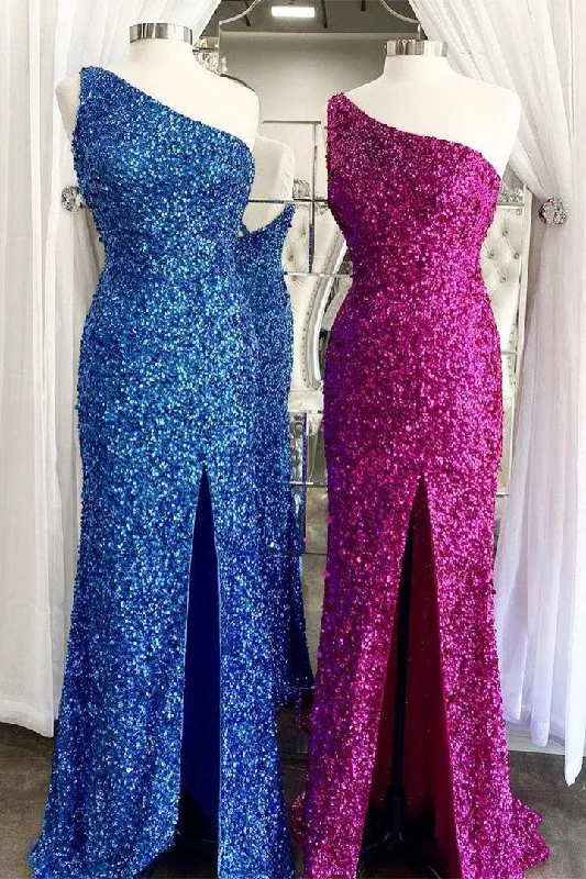 One Shoulder Blue Sequins Mermaid Long Formal Dress