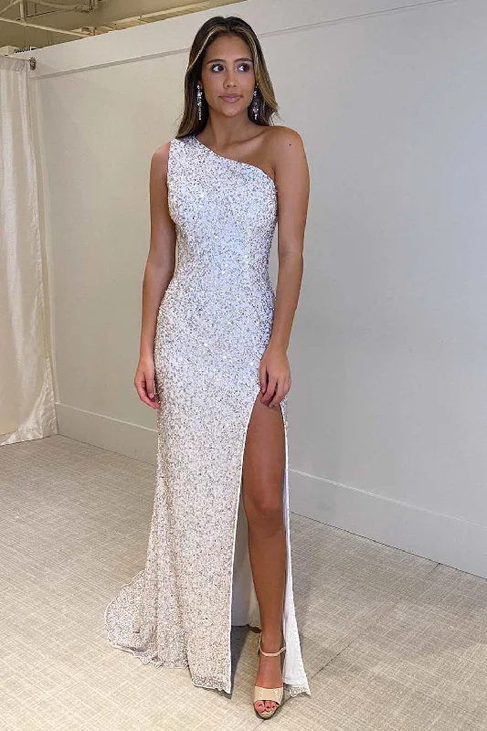 Silver Sequin One-Shoulder Lace-Up Back Long Formal Dress with Slit