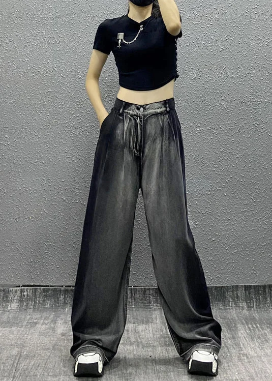 Women Black Grey Pockets Patchwork Denim Wide Leg Pants Fall