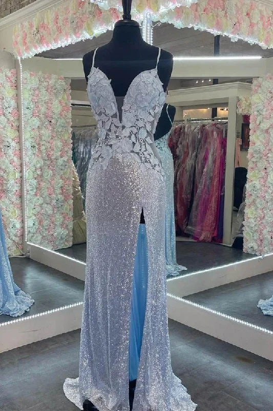 Straps Light Blue Sequins Appliques Long Formal Dress