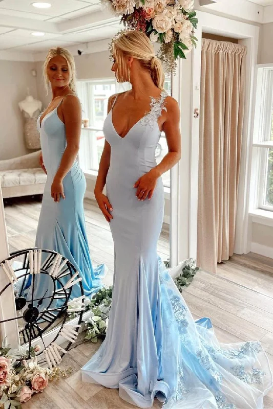 Trumpet Light Blue Plunge Long Formal Dress