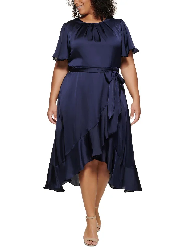 Womens Satin Ruffle Midi Dress