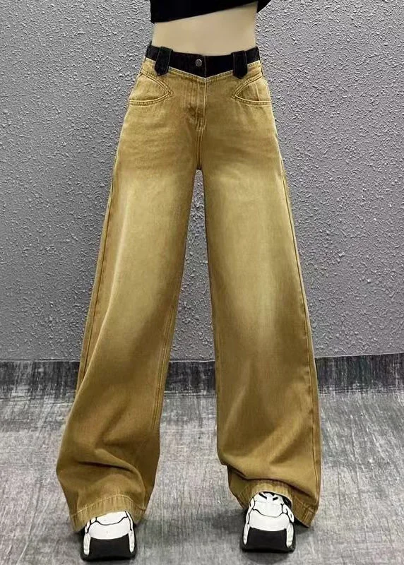 Chic Khaki Pockets Patchwork Denim Wide Leg Pants Fall