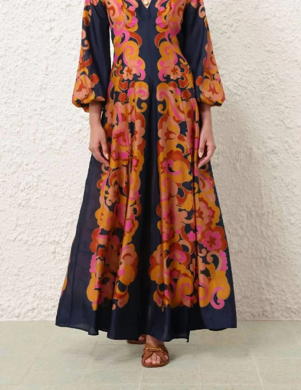 Acadian Long Sleeve Maxi Dress In Navy Paisley