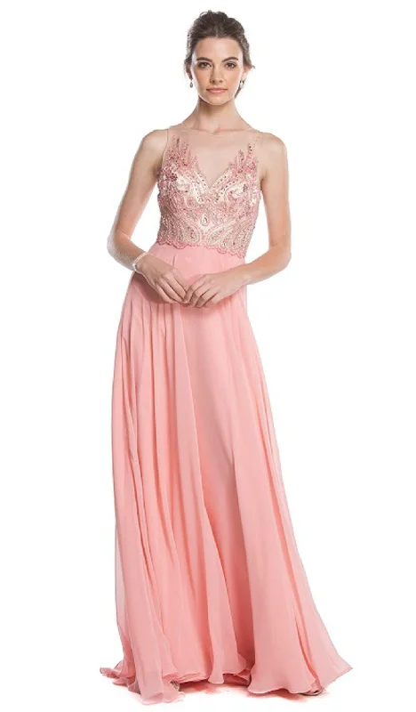 Trevi Collection - Embellished Illusion Neck A-line Prom Dress