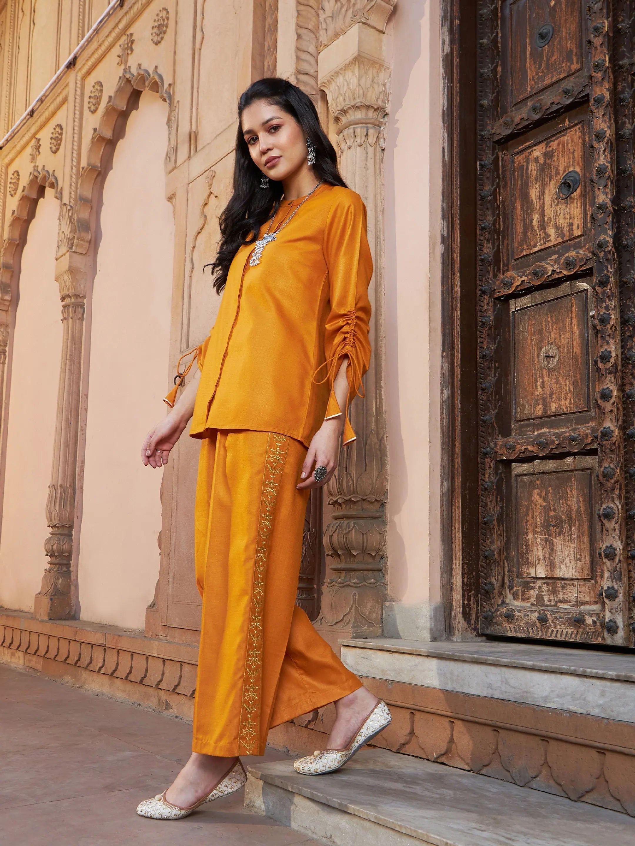 Women Embroidered Standard Mustard Jumpsuits & Sets