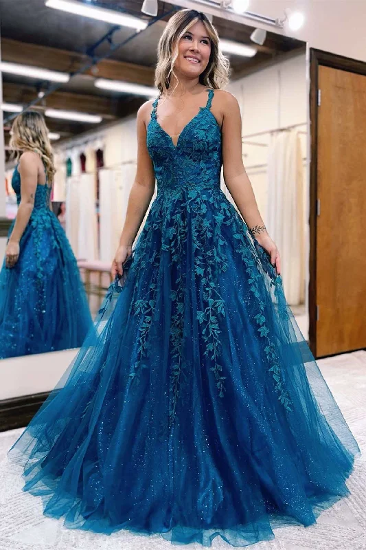 Prussian Blue Applique V-Neck Lace-Up A-Line Prom Dress