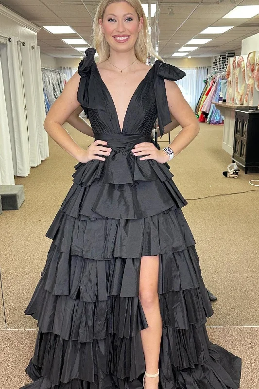 Black Plunge V Ruffle Tiered Ball Gown with Slit