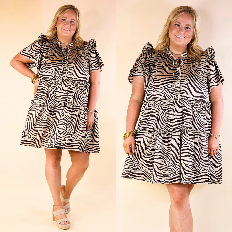 Plus Sizes | If You Dare Zebra Print Tiered Dress in Chocolate Brown