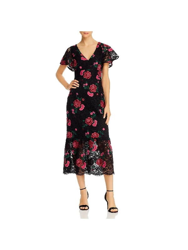 Audette Womens Lace Floral Midi Dress