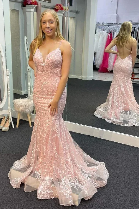 Straps Trumpet Pink Lace Long Formal Dress