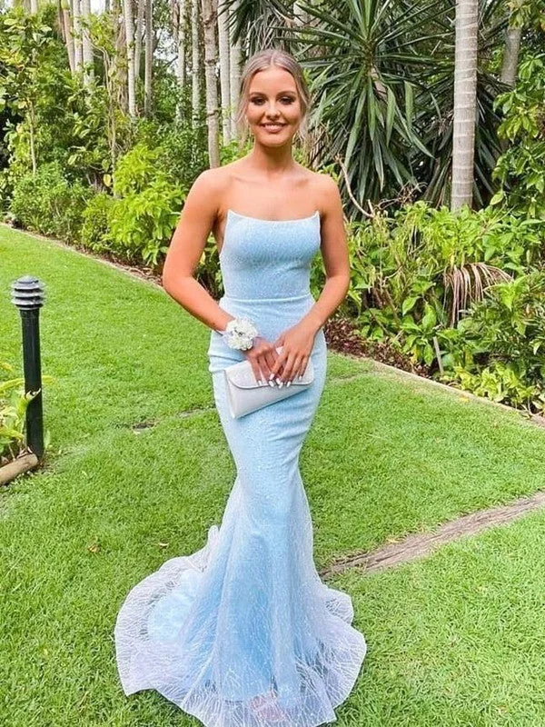 Sky Blue Mermaid Elegant 2021 Long Prom Dresses, Strapless Evening Party Girl Dresses