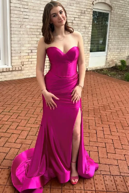 Satin Mermaid Strapless V-Neck Sleeveless Pleated Formal Prom Dress with Slit