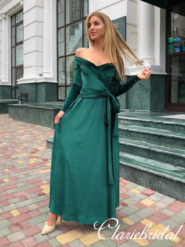 Long Sleeves Green Velvet Long Homecoming Dresses, Prom Dresses