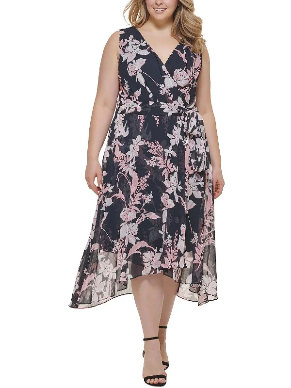 Plus Womens Chiffon Floral Midi Dress