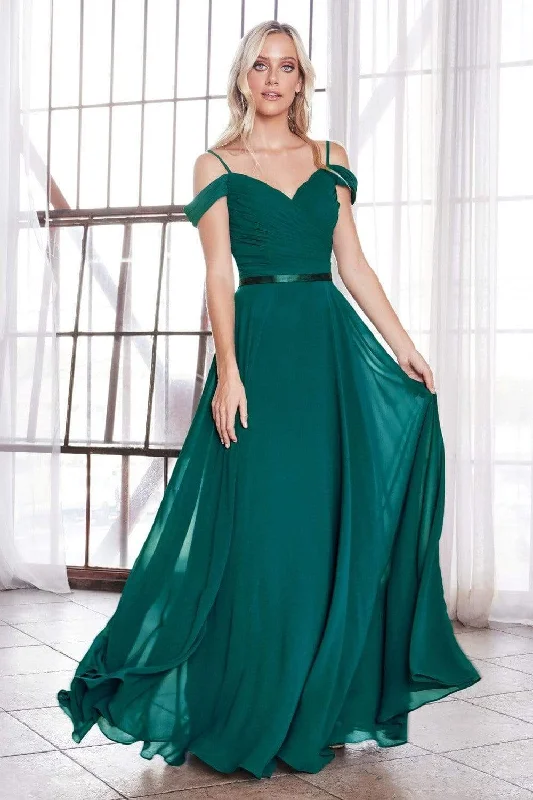 Cinderella Divine - CD0156 Off Shoulder Pleated Bodice Chiffon Dress