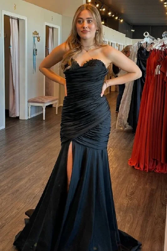 Black Strapless Sweetheart Mermaid Pleated Formal Prom Dress with Slit