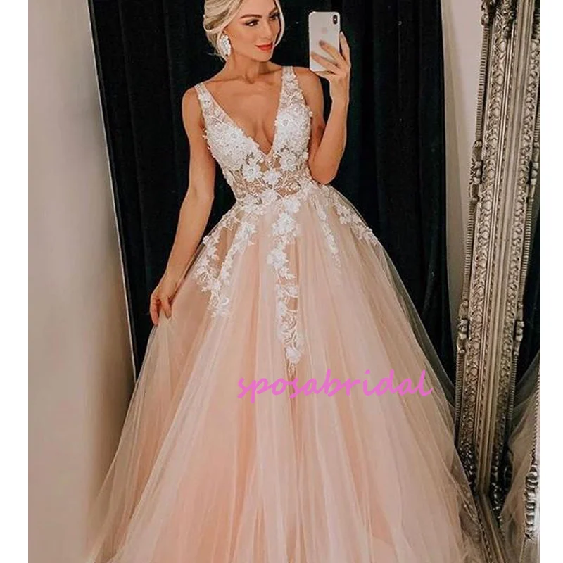 Elegant V-neck Tulle Lace Embroidy Floor-length Prom Dress, PD3006