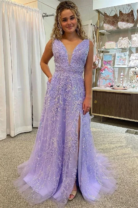 Lavender Floral Lace Plunge Neck A-Line Prom Dress