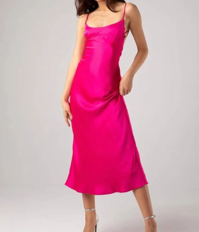 Isabella Satin Midi Dress in Fuchsia