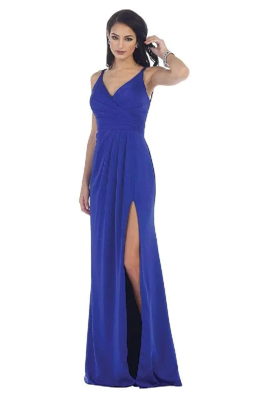 May Queen - MQ1469 Sleeveless V-Neck High Slit A-Line Dress