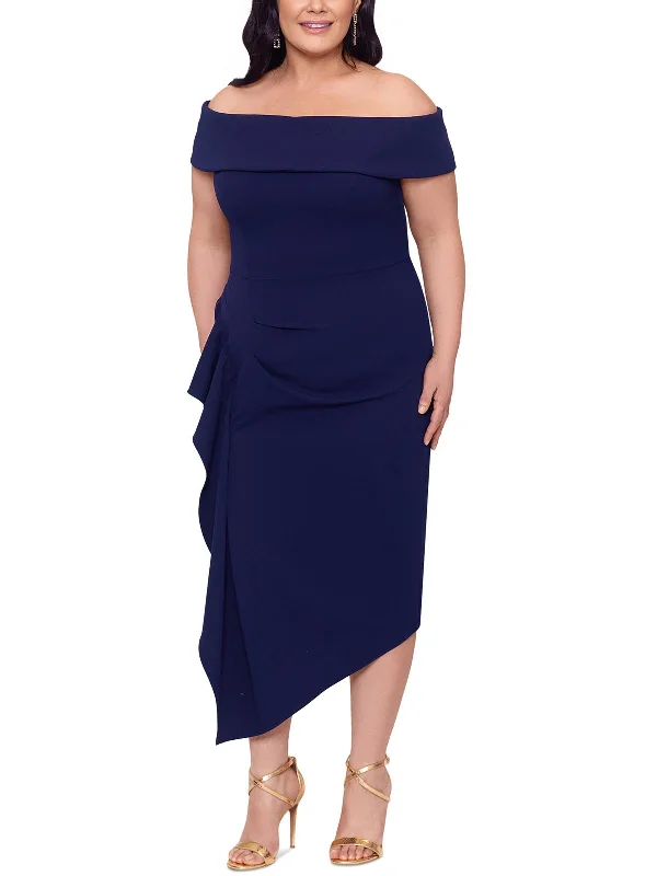 Plus Womens Asymmetrical Off-The-Shoulder Midi Dress