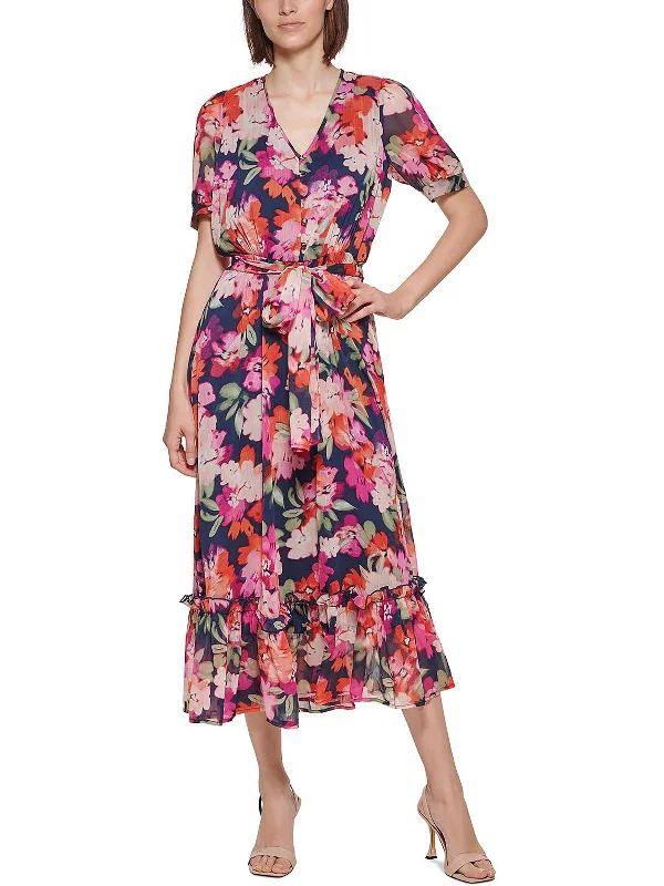 Womens Floral Ruffled Midi Dress