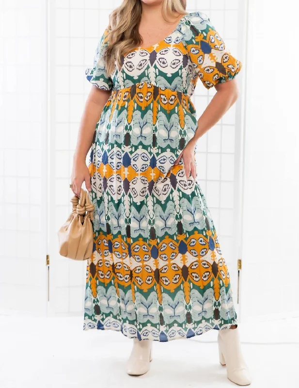 Abstract Printed Midi Dress In Green And Gold