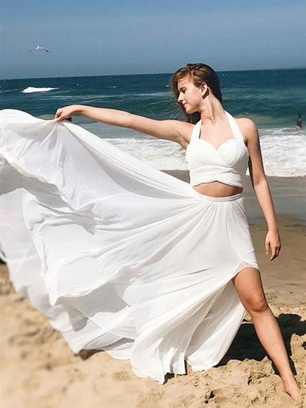 Two Pieces Chiffon Beach Wedding Dresses, Simple Wedding Dresses, Side Slit Prom Dresses