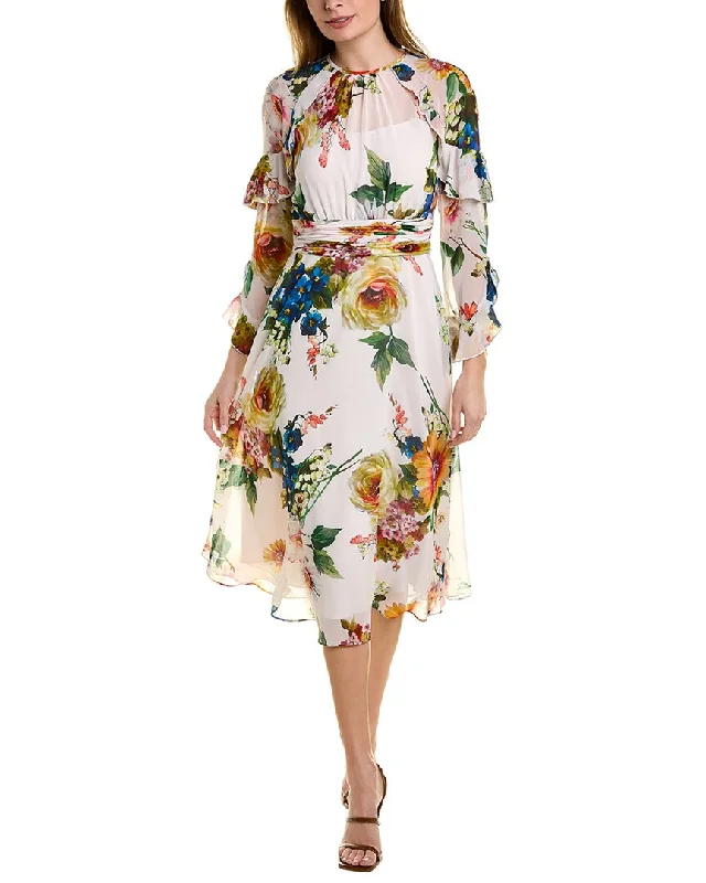 Teri Jon by Rickie Freeman Floral Chiffon Midi Dress