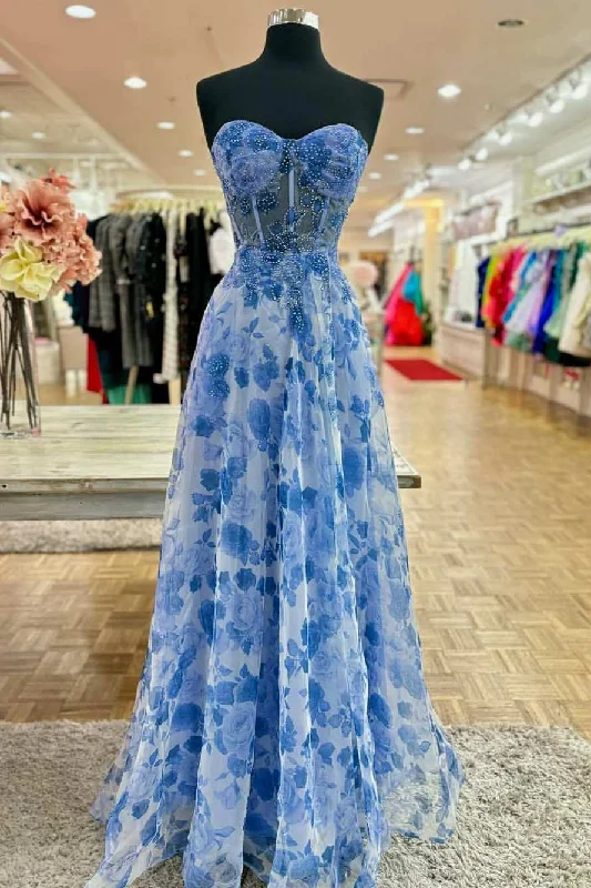 Elegant Strapless Printing Sweetheart Beads A-Line Formal Prom Dress