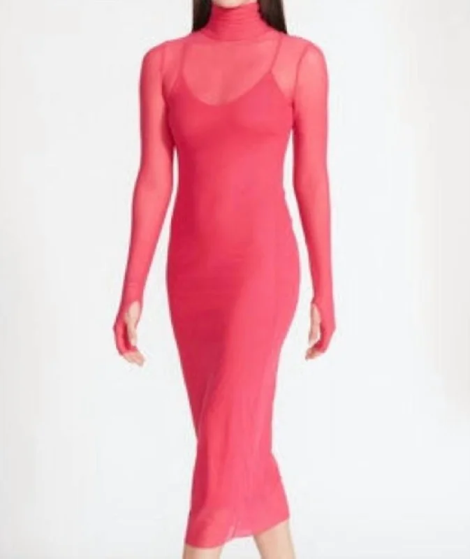 Vivienne Hot Pink Mesh Midi Dress in Hot Pink