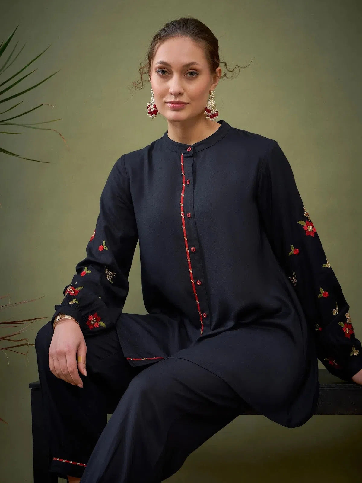 Women Black Sleeve Embroidered Shirt With Cuff Pants