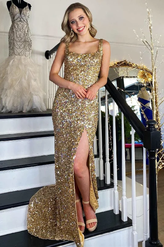 Gold Sequin Square Neck Backless Long Formal Dress with Slit