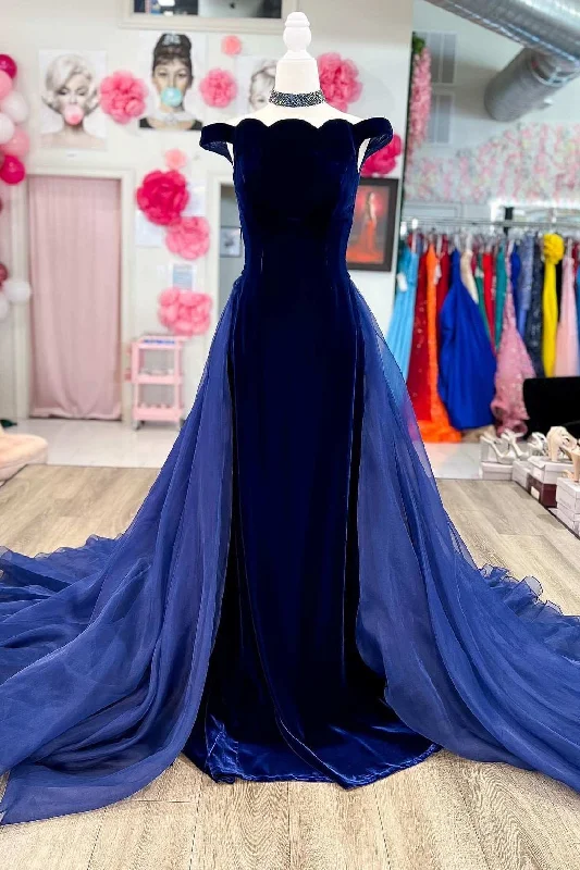 Navy Velvet Off-the-Shoulder Mermaid Pageant Dress