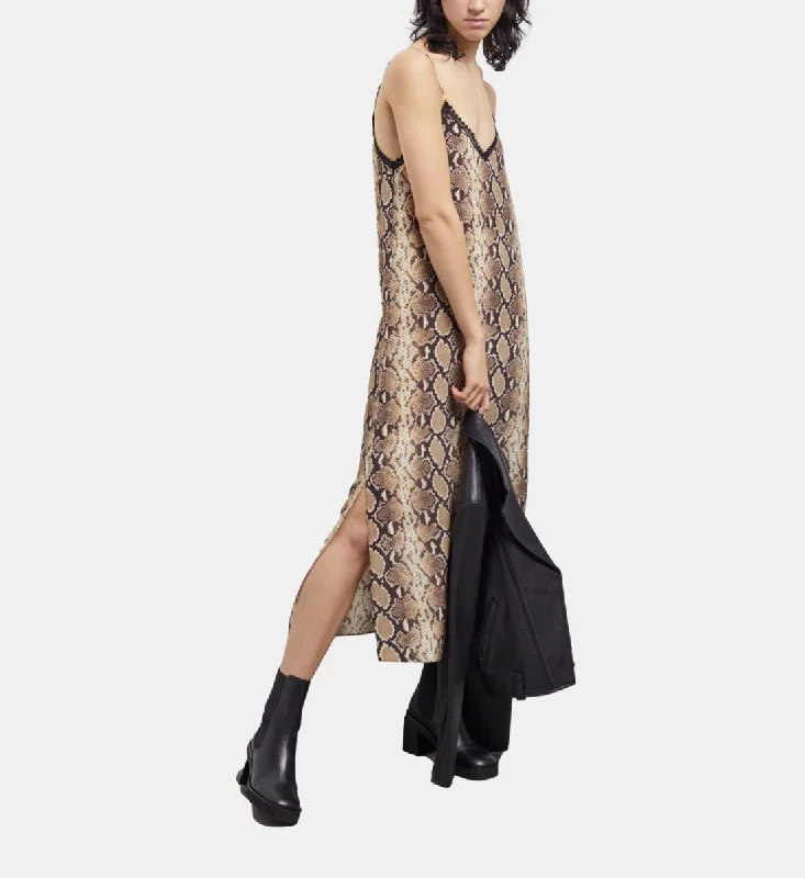 Long Snakeskin Print Babydoll Dress