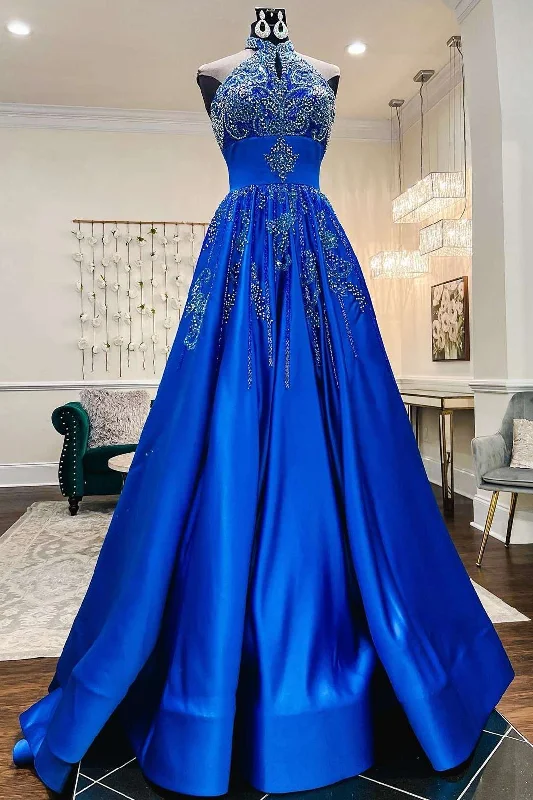 Glamorous Royal Blue Satin Beaded Halter A-Line Prom Gown