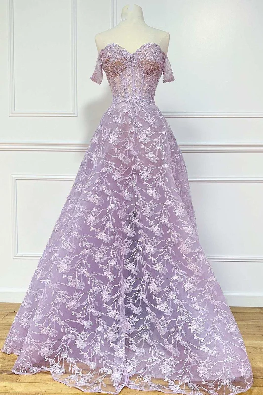 Lilac Floral Lace Off-the-Shoulder A-Line Prom Dress