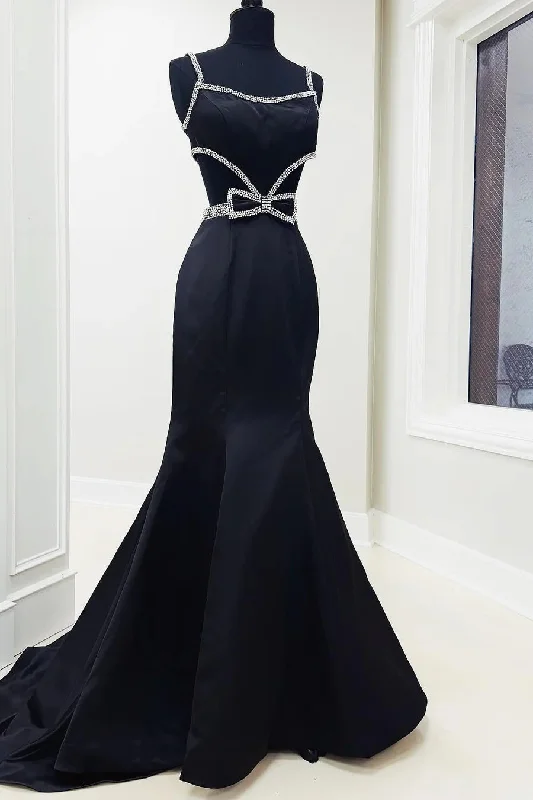 Black Satin Mermaid Prom Dresses With Beaded Straps And Waist Details, Newest 2025 Prom Dresses