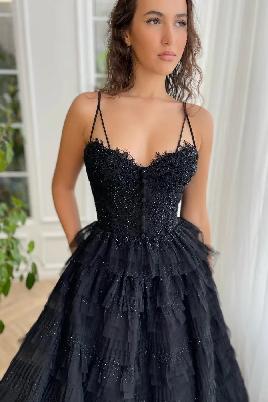 Ruffled Black Lace Beaded Prom Dresses, Shiny Sequin Tulle Ruffle Gown, Newest Prom Dresses