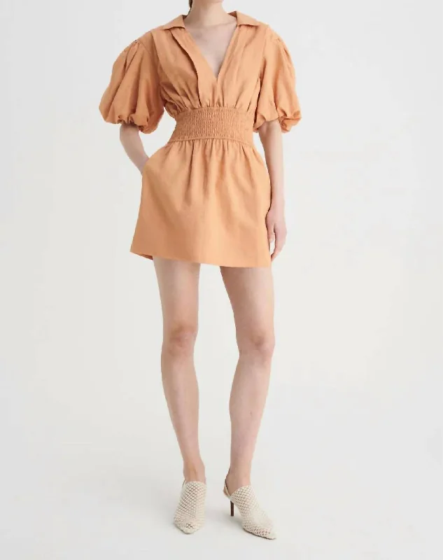 Skylar Shirred Waist Mini Dress In Tan