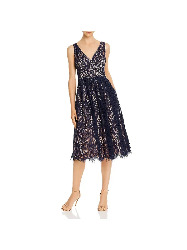 Womens Floral Lace Cocktail Midi Dress