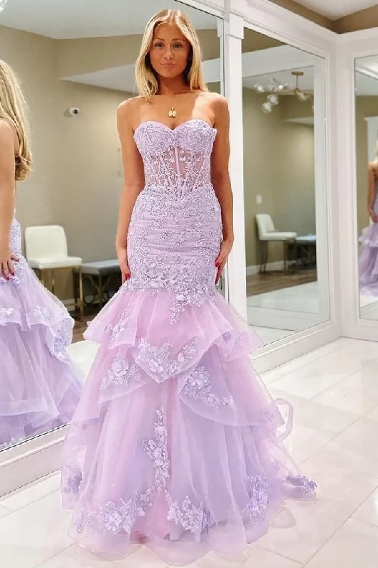 Sweetheart Strapless Mermaid Appliques Ruched Sleeveless Prom Dress