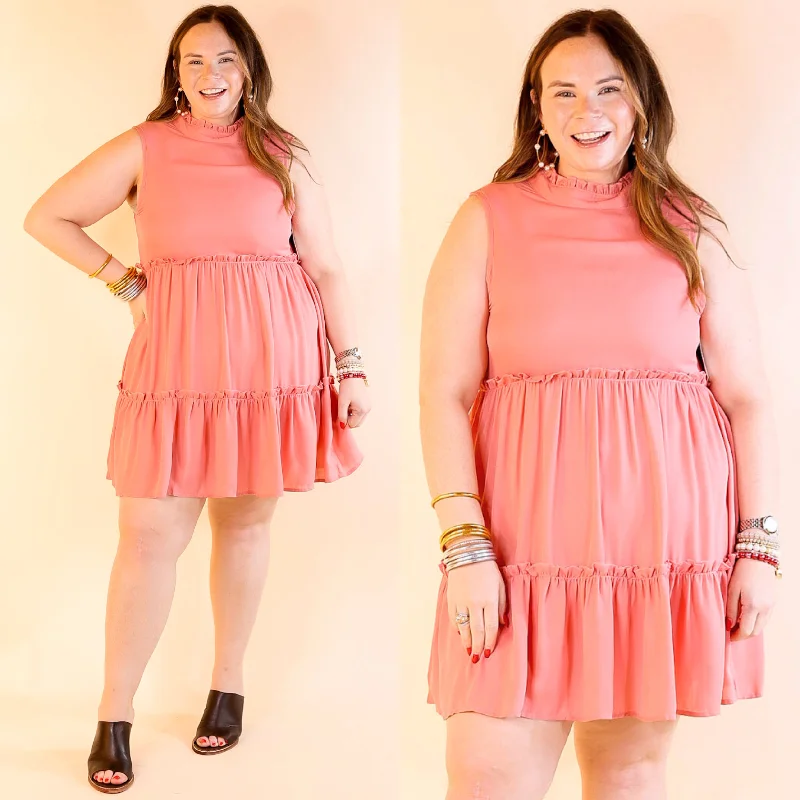 Attempt To Charm High Ruffle Neck Tank Dress in Coral Pink